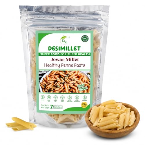 Image of DESIMILLET Jowar Millet Pasta | No Maida, Easy to Digest | Rich in Anti-Oxidant, High Fibre, Iron-Rich Vegan Breakfast | Control Blood Sugar, Diabetic Friendly for Adults - 150 GM (Pack of 1)