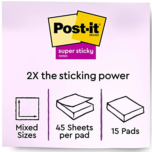 Image of Post-it Super Sticky Notes, Assorted Sizes, 15 Pads, 2X The Sticking Power, Supernova Neons Collection, Neon Colors (Orange, Pink, Blue, Green), Recyclable (4423-15SSMIA), (Pack of 12)