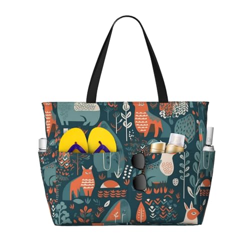 Scandinavian Animals Beach Bags For Women Large Waterproof Sandproof Beach Tote Bag Pool Bag Lightweight Zipper Carry On Bag For Gym Travel Vocation