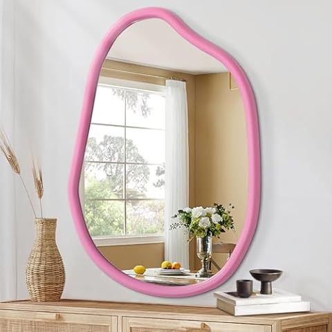 HLFMVWE Irregular Wall Mirror 16"x12" Asymmetrical Mirror Modern Wood Frame Unique Shape Wall Mounted Vanity Artistic Mirror Decor for Living Room Entryway Bedroom Bathroom Hallway Small Pink Cover