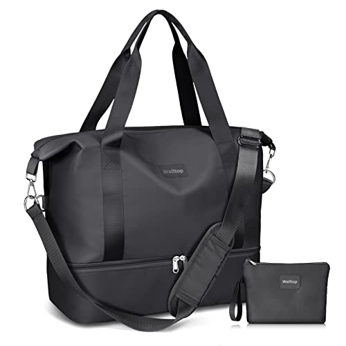 Bolsa de Viaje, Welltop Bolsa Hospital Bebe, 36L Bolsa Deporte niña, Weekender Deporte Nocturno Duffle, Impermeable Bolsa de Mano Plegable, Bolsa de Hospital con Bolsas de Aseo (Negro)