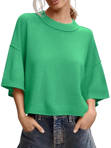 Image of Women's Short Sleeve Cropped Sweaters 2025 Summer Oversized Loose Fit Drop Shoulder Casual Sweater Tops