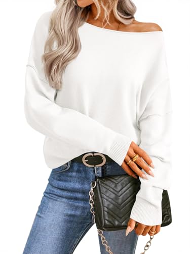 Saodimallsu Womens Off The Shoulder Sweater Boat Neck Batwing Sleeve Knit Pullover 2025 Cute Casual Trendy Jumper Tops White