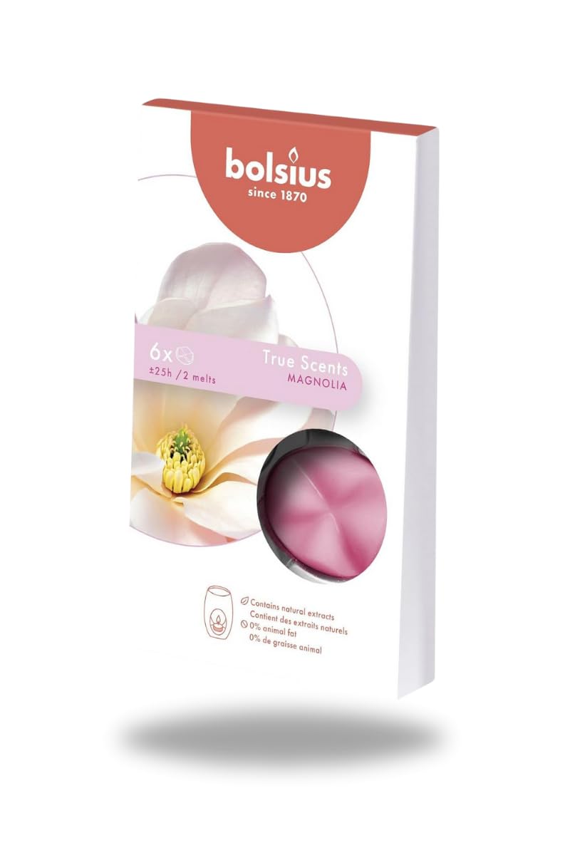 Bolsius Kokulu Buhardanlık Eritme Mum Tableti - Manolya Kokulu - 6 Yuvarlak Şekilli Renkli Tablet Mum - 2-3 kere eritme ile toplamda yaklaşık 25 saat koku deneyimi