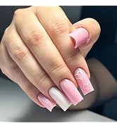 Valentine's Day Fake Nails Medium Square Press on Nails Pink White False Nails with Heart Love De...