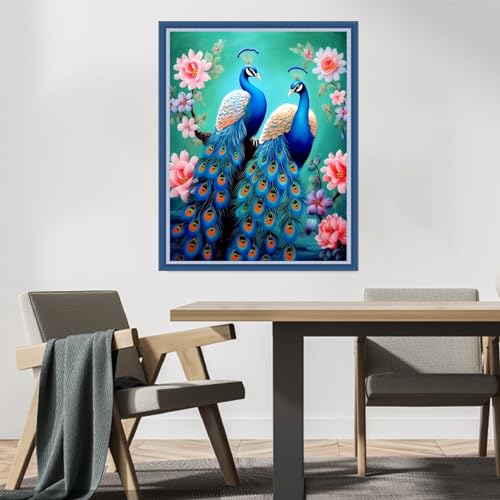 Image of DMCVIVR Stamped Cross Stitch Kits for Beginners Adults Needlepoint Kits for Beginners Embroidery Kits for Adults Crossstitch Kit for Beginners 11CT-Blue Peacock Couple 16x20 inchs