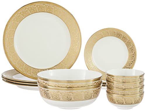 Amazon Brand - Solimo Ceramic 14 Piece Premium Dinner Set | 4 Dinner Plates, 4 Quarter Plates, 2 Large Bowls & 4 Small Bowls | Golden Floral Strip (B0B7S25BTB) Amazon Price History, Amazon Price Tracker