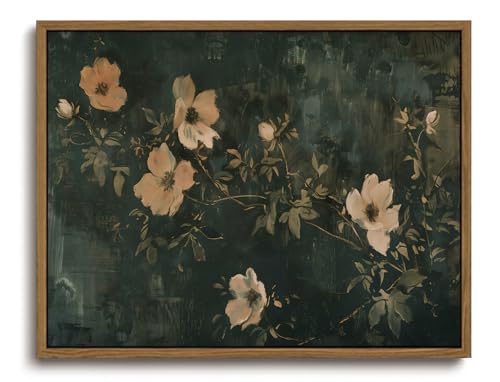 Image of KISSFOX Framed Wall Art Vintage Wall Art Flowers Canvas Art Dark Green Pictures Floral Paintings Moody Artwork Farmhouse Prints For Bedroom Kitchen Living Room