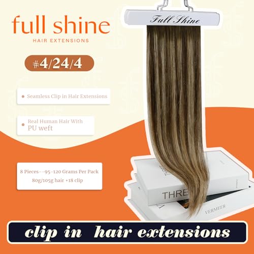 Image of Full Shine Seamless Hair Extensions Clip in, Balayage Brown | Invisible PU Weft, 16 Inch 120g 8 Pcs, Soft Straight, Added Volume, Natural Blend, Easy to Apply, Everyday Styling