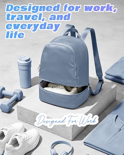 Image of Small Gym Backpack for Women, Office-to-Gym Casual Daypack with Shoe Compartment, Lightweight Water Resistant Small-Size Bag, Clean Fit Style Work Backpack for Daily Use, Blue