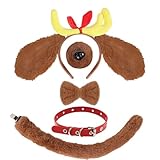 Fabllewavi 4 Pcs Christmas Deer Antler Dog Costume - Reindeer Dog Ears Headband Tail Red Collar Bowtie for Halloween Party Accessories for Max, B