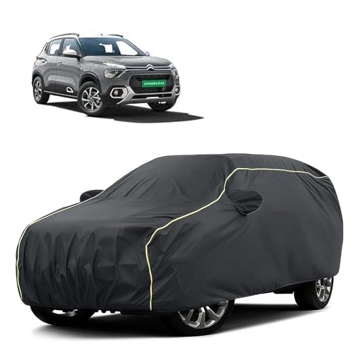 Image of Sulfar 100% Water Resistant Car Body Cover Compatible with Mirror For CITROEN E-C3 ALL ELECTRIC (Triple Stitched, Full Bottom Elastic, Dark Grey Tafetta with Yellow Piping)