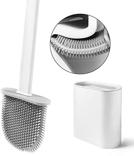 Silicone Flex Toilet Brush,Toilet Cleaning System, Wall Toilet Wand No-Slip Long Handle Soft Silicone Bristle Clean Toilet Corner Easily,Wall Mounting (White)