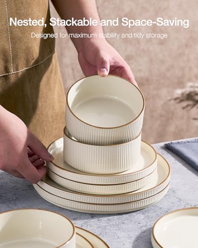 Image of Famiware Star 16-Piece Stoneware Dinnerware Set with Trim, Service for 4 -Ceramic Mugs, Plates and Bowls, Modern Rustic Dishes with High Edge, Chip /Scratch Resistant, Microwave /Dishwasher Safe, Cream