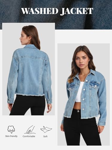 Women's Denim Jackets Cropped Button Up Frayed Hem Jean Jacket with Pockets Trendy Light Blue Jean Coat2