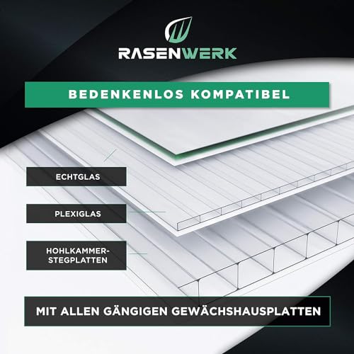 RASENWERK® - Gewächshausklammern aus 304 Edelstahl (rostfrei) - 100 Stück - Gewächshausklemmen mit hoher Spannkraft - Montageklammern für Glashaus – Gewächshaus Zubehör - 95 x 40 mm - 1,6 mm Dicke