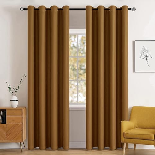 MIULEE Blackout Room Darkening Curtains Thermal Insulated Drapes Solid Window Treatment Set Grommet Top Light Blocking Curtain for Living Room/Bedroom 2 Panels 52 x 84 inch Length Golden Brown