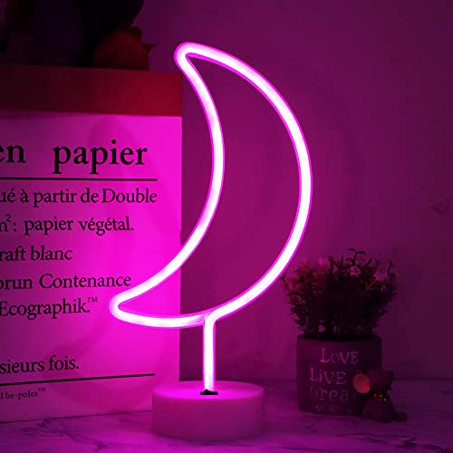 Led Neon Moon Lights, Moon Shape Neon Signs Crescent Night Lights Battery Operated Desk Table Lamp For Bedroom, Bar, Wall Decor-Moon With Holder Base(Pink) #TOP2