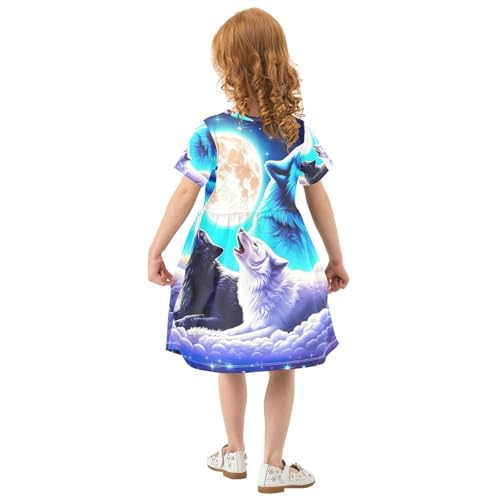 Galaxy Cool Wolf Blue Purple Girls Short Sleeve Dress Toddler Casual A Line Dress, 2T3