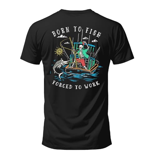 Salty Bones Born to Fish Forced to Work Fishing Boat Graphic T-Shirt, 100% Ringspun Cotton, Classic Fit, Printed in USA