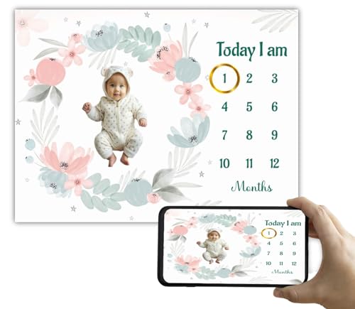 Image of Monthly Milestone Blanket Floral Design | 1-12 Months | Ultra-Soft & Skin-Friendly | Ideal for Newborn Boys & Girls | Perfect Baby Growth Tracker & Photoshoot Prop