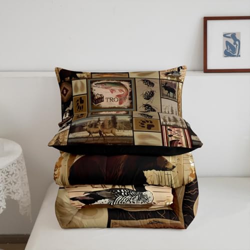 Image of Feelyou Kids Bass Fish Comforter Set Full Size, Deer Hunting Bedding Set Fishing Duvet Insert Boys Girls Rustic Farmhouse Teens Bedroom Decor 3Pcs