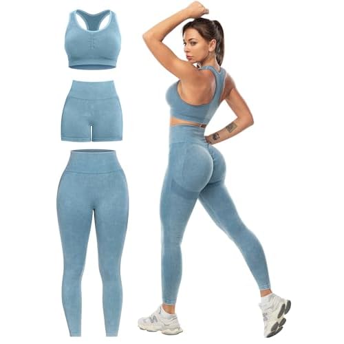 3 Piece Workout Sets for Women Butt Lifting Leggings with High Impact Sports Bra Gym Shorts