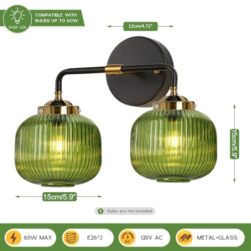 Image of 2-Lights Globe Wall Sconce Bathroom Light fixtures Vanity Lamp Mid Century Modern Wall Lights with Green Striped Glass Shade Vintage Vanity Lights for Over Mirror Hallway Overhead
