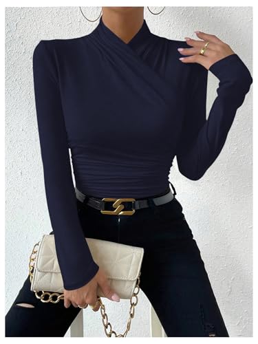 Image of SweatyRocks Women's Ruched Mock Neck Long Sleeve T Shirt Solid Slim Fitted Tee Tops