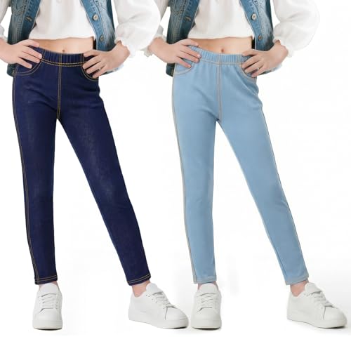 Image of Baogaier Girls Jeggings Skinny Jeans-Look Leggings, 2 Pack, Breathable Soft Slim Fit Trousers High Waist Denim Looks Pants School Casual Wear Kids Clothes for 12-13 Years, Light Blue & Navy