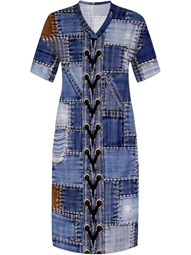 Image of SUZONANA Plus Size Denim Print Maxi Dresses for Women Casual V Neck Short Sleeve with Pockets Soft Jean Look Dress XL-6XL