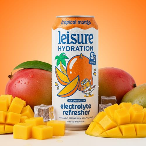 Image of Leisure Hydration Non-Carbonated Electrolyte Refresher, Tropical Mango Flavor - Low Sugar Nutrient Enhanced Water Beverage - Get The Best Hydration Packed w / Magnesium & Ashwagandha For Mood & Stress Support, Non-GMO, 16 oz (12-Cans)