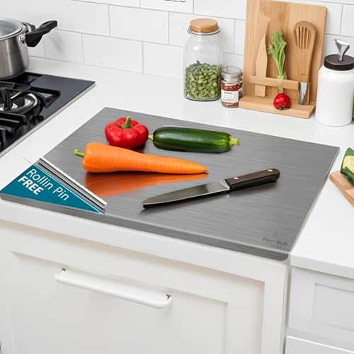 Image of Herrlich Homes Premium 304 Stainless Steel Chopping Board with Lip for Kitchen | 60 x 45 cm | Free Rollin Pin | for Cutting Vegetables, Fruits, Meat | Doughknead Board | Durable | X-Large