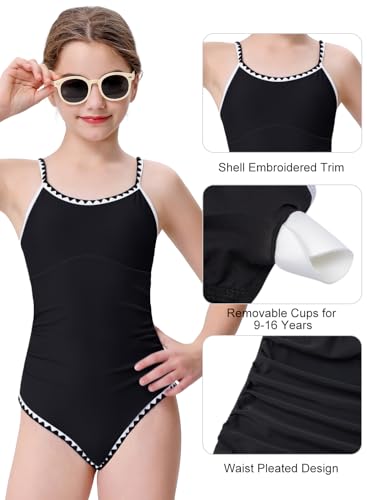 Image of XiaoMoSha Girls One Piece Swimsuit Adjustable Straps Bathing Suit Teen Girl Color Block Trim Padded Beach Swimwear 6-16 Years