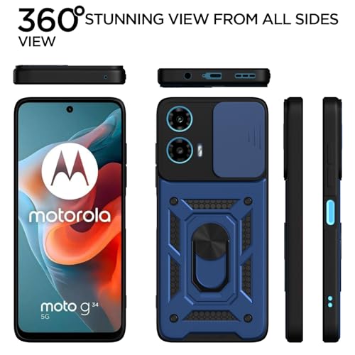 Image of Pikkme Back Cover for Motorola Moto G34 / G45 5G | 360 Protection Case | Sliding Camera Shield Cover & Ring Holder Stand D10 Tough Armor Bumper Case (Blue)