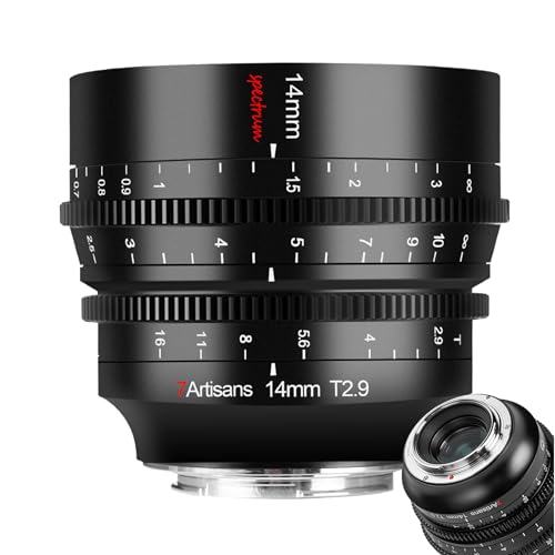 7artisans Lente de cine de enfoque fijo T2.9 de 14 mm de marco completo de 114° ultra gran angular de gran apertura, compatible con montura Canon RF