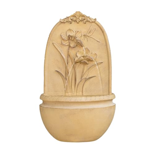 XBrand 31 in H Outdoor Wall Water Fountain with Pump- Khaki Flower with Dragonfly Design with Mesh Guard