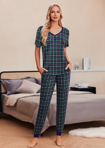 Image of Ekouaer Pajamas for Women Set 2 Piece Fall Lounge Sets Short Sleeve Pjs Joggers Long Pants Sleepwear with Pockets