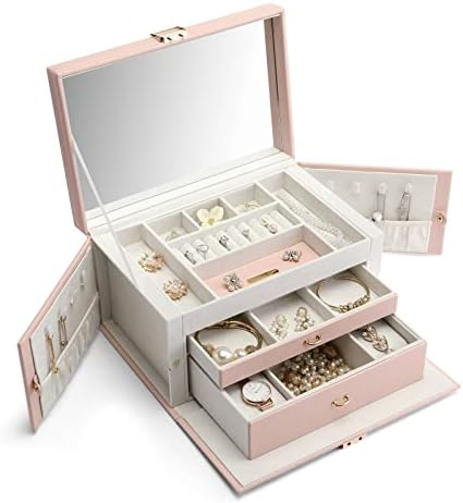 Vlando Jewellery Organiser Box with Large Mirror and Luxury Metal Fitting, 3 Layers Jewelry Storage Case for Rings Bracelets Earrings Necklaces,Gift for Women Girls Christmas New Year Gift (Grey)