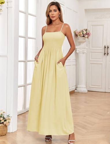 Image of Aigeman Women Detachable Strap Dress Strapless Smocked Bodice Maxi Dress Pockets Long Swing Flowy Beach Sundress 373