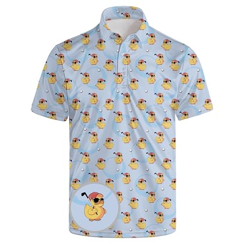 Funny Yellow Duck Men's Golf Polo Shirt Performance Moisture Wicking Dry Fit Short Sleeve Collared Shirts Blue Slim Fit Golf Shirt for Men