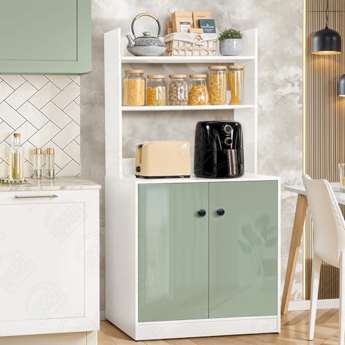 Image of ABOUT SPACE 5 Tier Kitchen Organizer Rack - 5.5 ft Wooden Kitchen Cabinet with 3 Open Shelves & 2 Storage Rack with Door Easy to Assemble for Home Living Room (White, Green - L 80 x B 40.5 x H 163 cm)