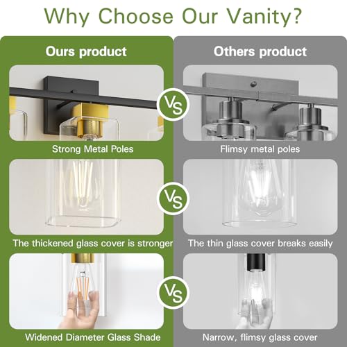 Image of Black and Brushed Gold Bathroom Vanity Light, 3-Light Vanity Lighting fixtures Over Mirror, Square Design & UL Certification, Wall Sconces with Clear Glass Shades, E26 Socket (Bulbs Not Included)