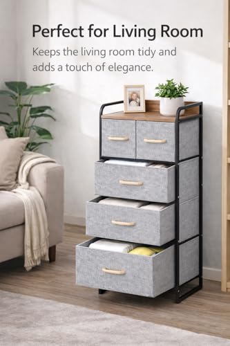 Image of Raawan 4 Layer 5 Drawer Fabric Storage Organizer with Wooden Top and Metal Frame, Modern Dresser Storage Unit for Bedroom, Living Room, Office, Kids Room & Closet, Grey (5 Drawer)