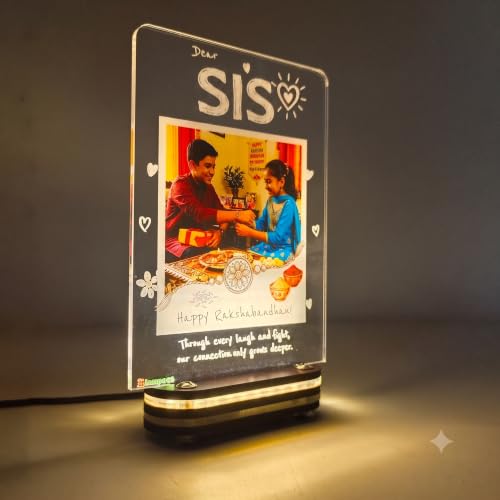 Image of lampees Personalised Sister LED Photo Lamp, 18x12 cm | Raksha Bandhan Keepsake, Custom Engraving, Warm LED Glow, Acrylic & Wood Base, Insert Your Photo
