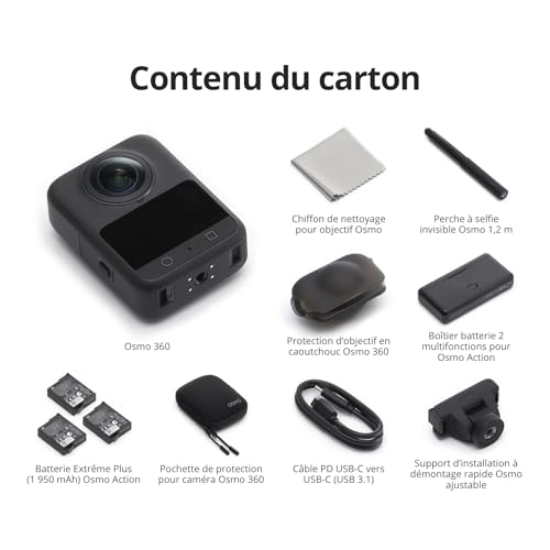 Bundle Aventure DJI Osmo 360, caméra 360 avec imagerie 360° de 1 Pouce, autonomie de Batterie prolongée avec 3 Batteries, vidéo 360° en 8K Native, caméra d’Action pour Sports, vlog