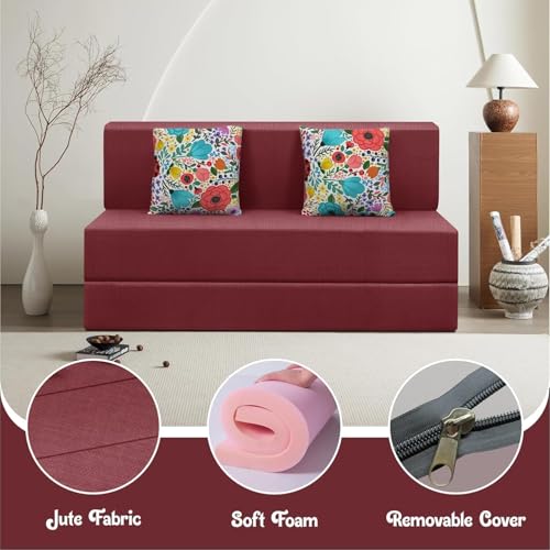 Image of Rosebell Foldable 2 Seater Sofa Cum Bed, Sofa Bed 4X6 Feet, Jute Fabric- Washable Cover- Including Two Cushion Perfect for Home & Office-Red Color