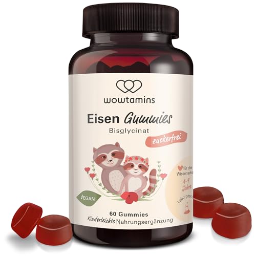 wowtamins Eisen Bisglycinat mit Vitamin C (60 Stück) - Zuckerfreie & Vegane Eisen Gummies - Hochdosiertes Eisenpräparat als Nahrungsergänzungsmittel für Kinder und Frauen bei Eisenunterversorgung