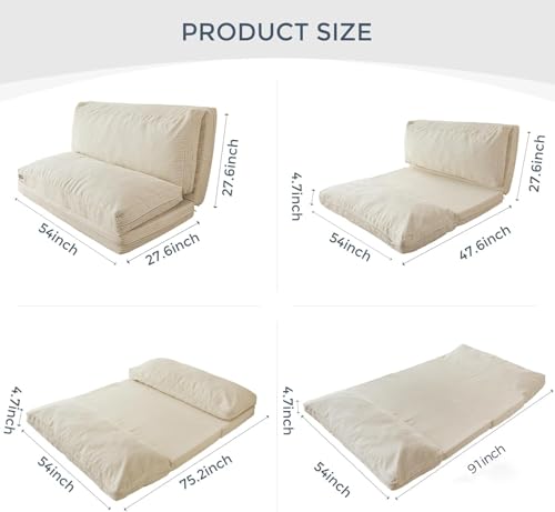 Image of MAXYOYO Folding Sofa Bed, Extra Thick and Long Floor Sofa Convertible Chair with Washable Cover, Floor Couch Lounge Bean Bag Bed for Living Room, Beige, 54x91 Inch