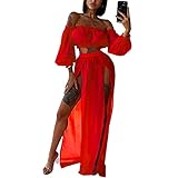Design: Off Shoulder langärmel Crop Top mit Puffärmel und High Waist langes Sommer Rock mit Schlitz, sexy transparent Damen Sommer Strand Kleidung Set Outfit darf in keinem Sommer-Kleiderschrank fehlen.